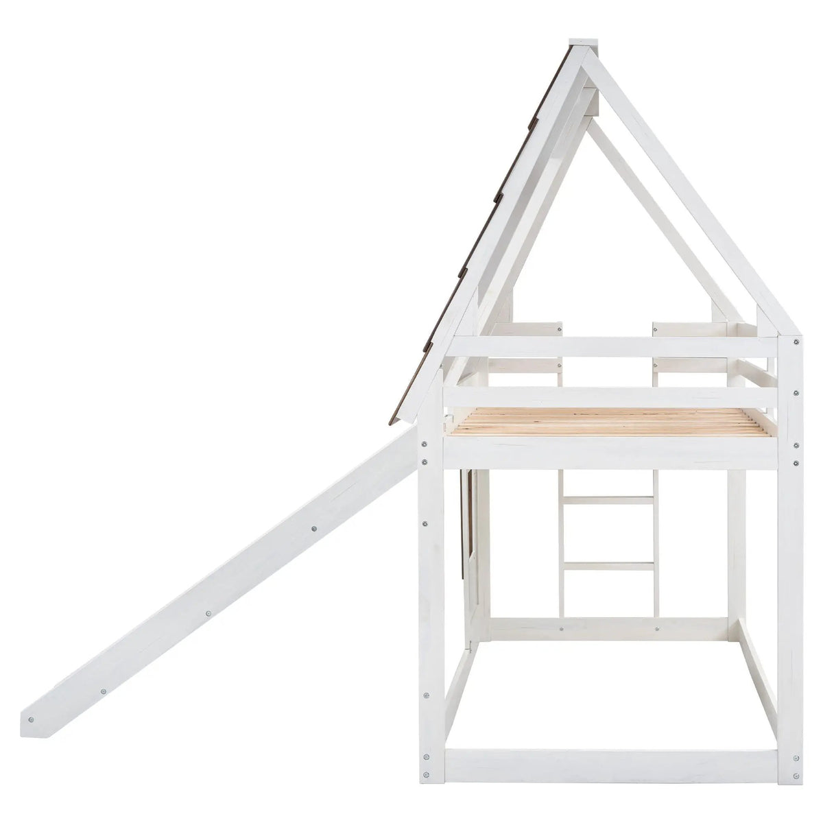 House Bunk Bed | Twin Size Solid Pine | Built In Slide | White Brown