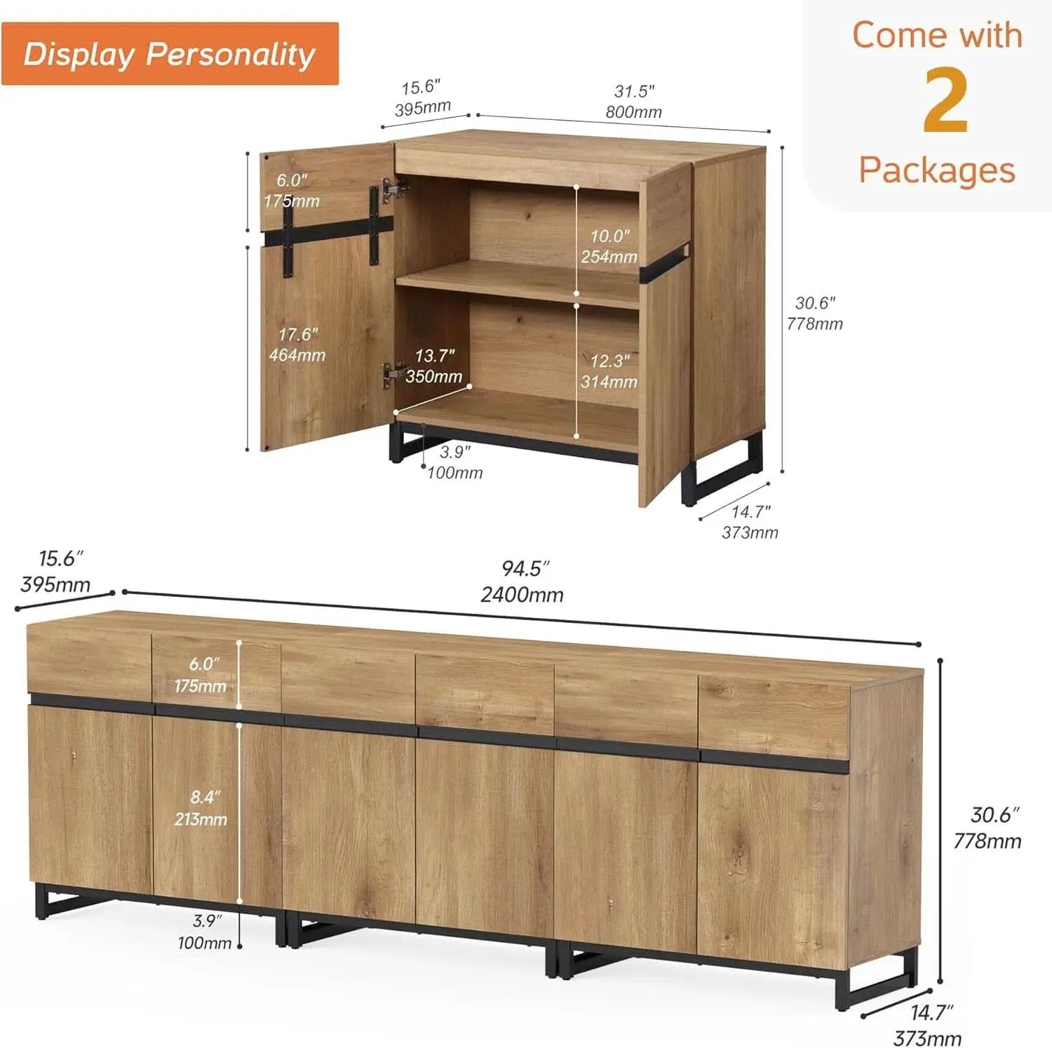 Oak 3 In 1 Modern Sideboard With Adjustable Shelf Unit from PriceLows™