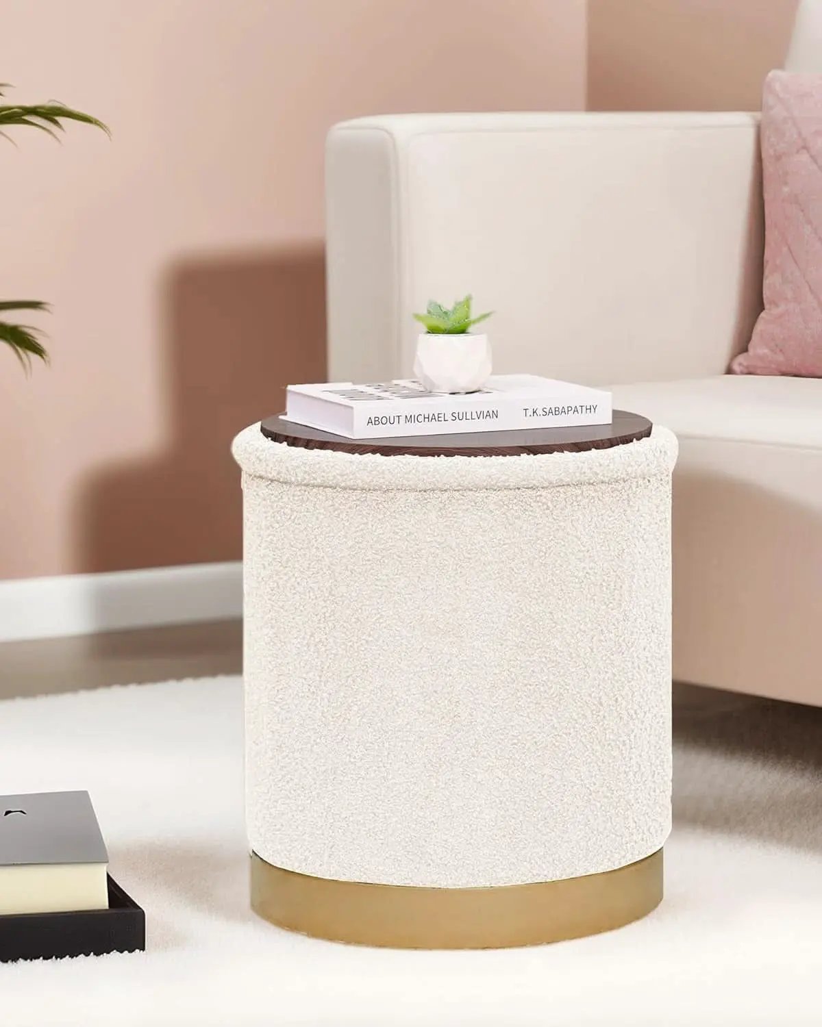 Round White Storage Space Ottoman Gold Plated Base Frame from PriceLows™