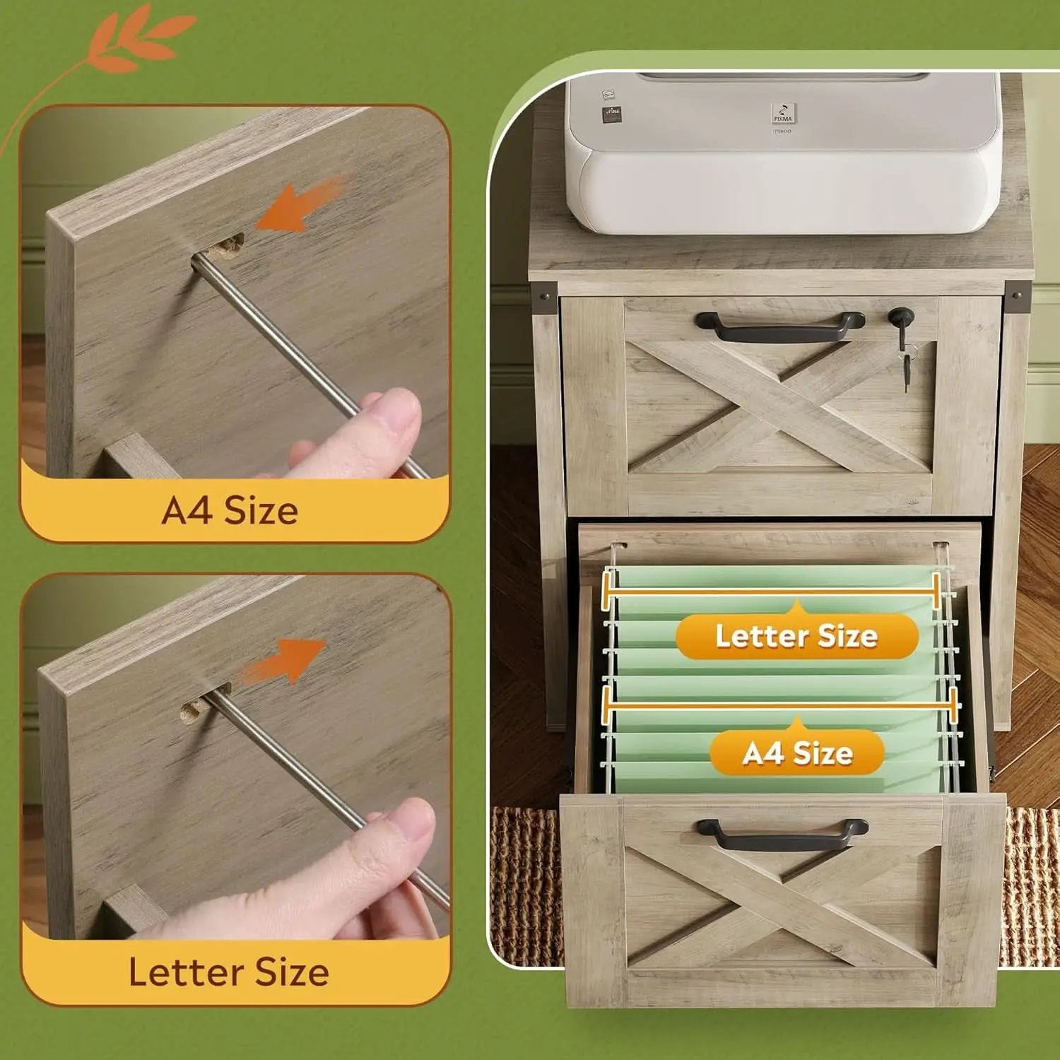 2 Drawer File Cabinet With Lock Gray Oak Farmhouse Home Office Printer Stand Fits Letter A4 from PriceLows™