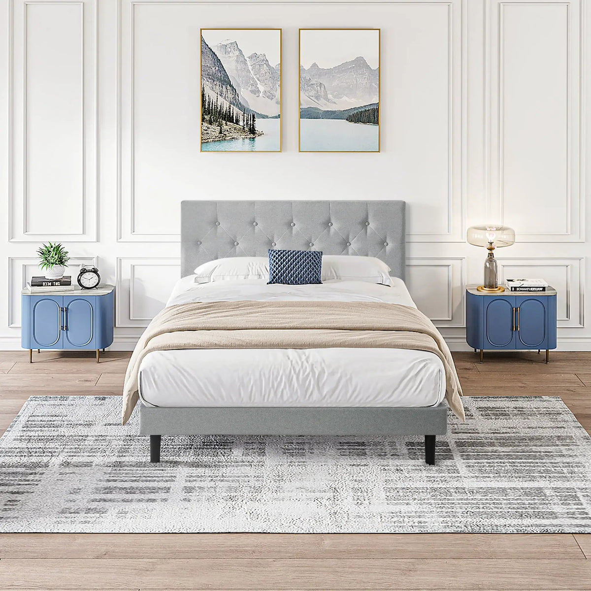 Platform Bed Frame | Button Tufted Headboard | Box Spring Free