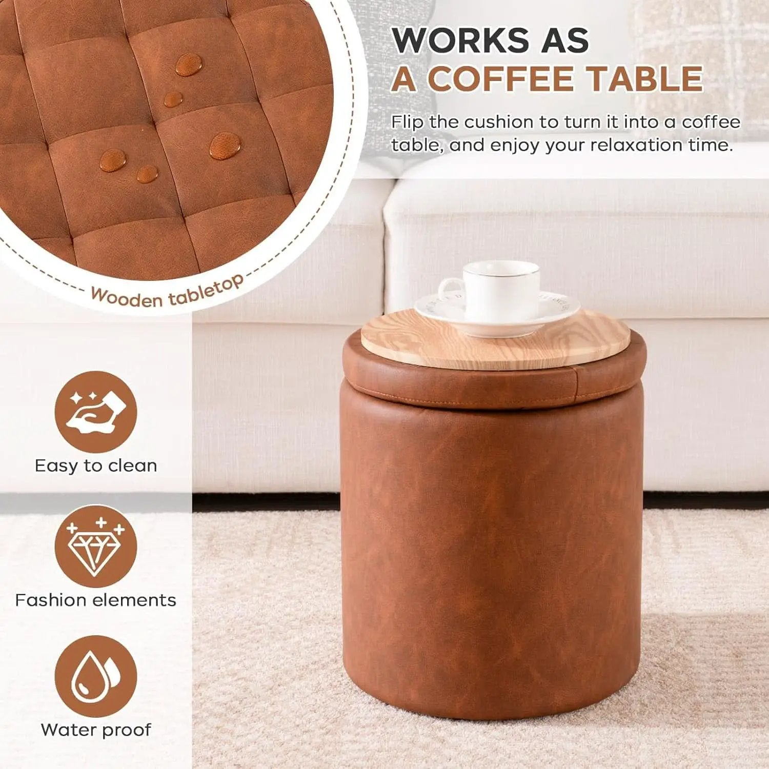 Dark Brown Faux Leather Round Storage Ottoman from PriceLows™