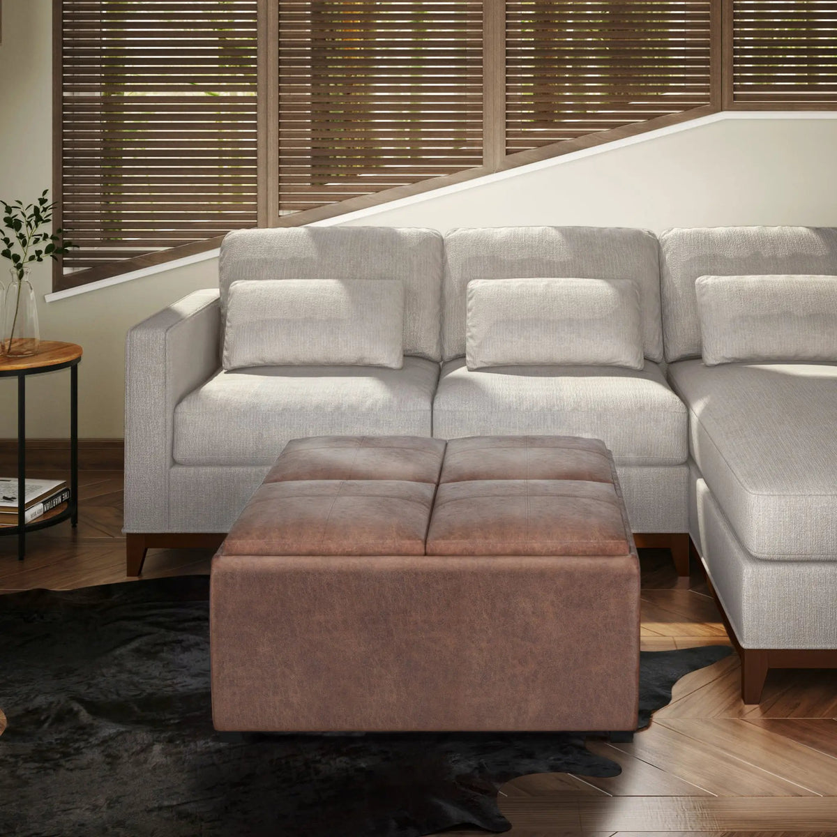 Avalon Square Storage Ottoman | Coffee Table Design | Four Flip Over Serving Trays | 35 Inch Width