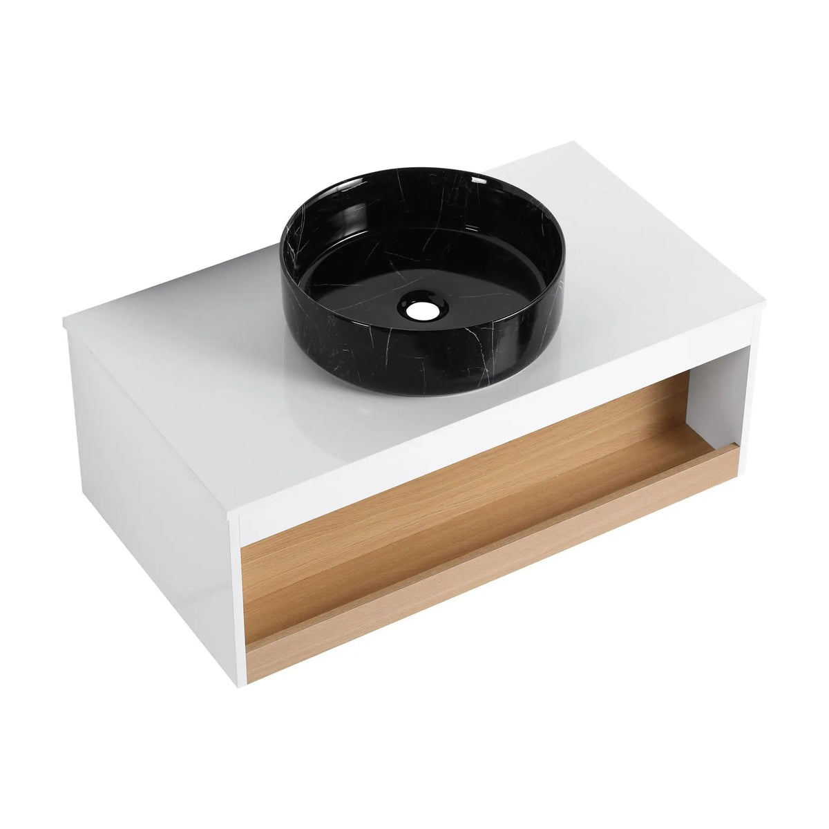Wall Mounted Bathroom Vanity | Vessel Sink | Open Shelf Storage