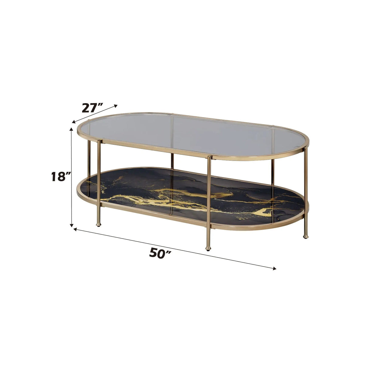 Fiorella Marble Print Glass Coffee Table | Metal Frame | Lower Shelf | 50 Inch Width