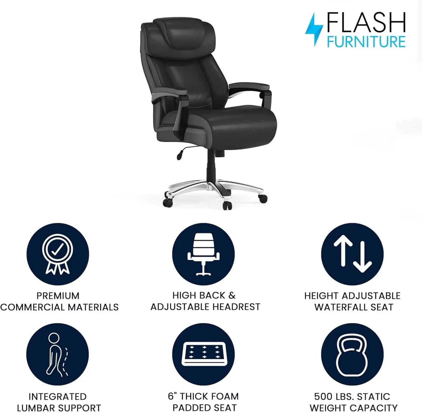 High-Back Headrest Ergonomic Office Chair Black LeatherSoft from PriceLows™