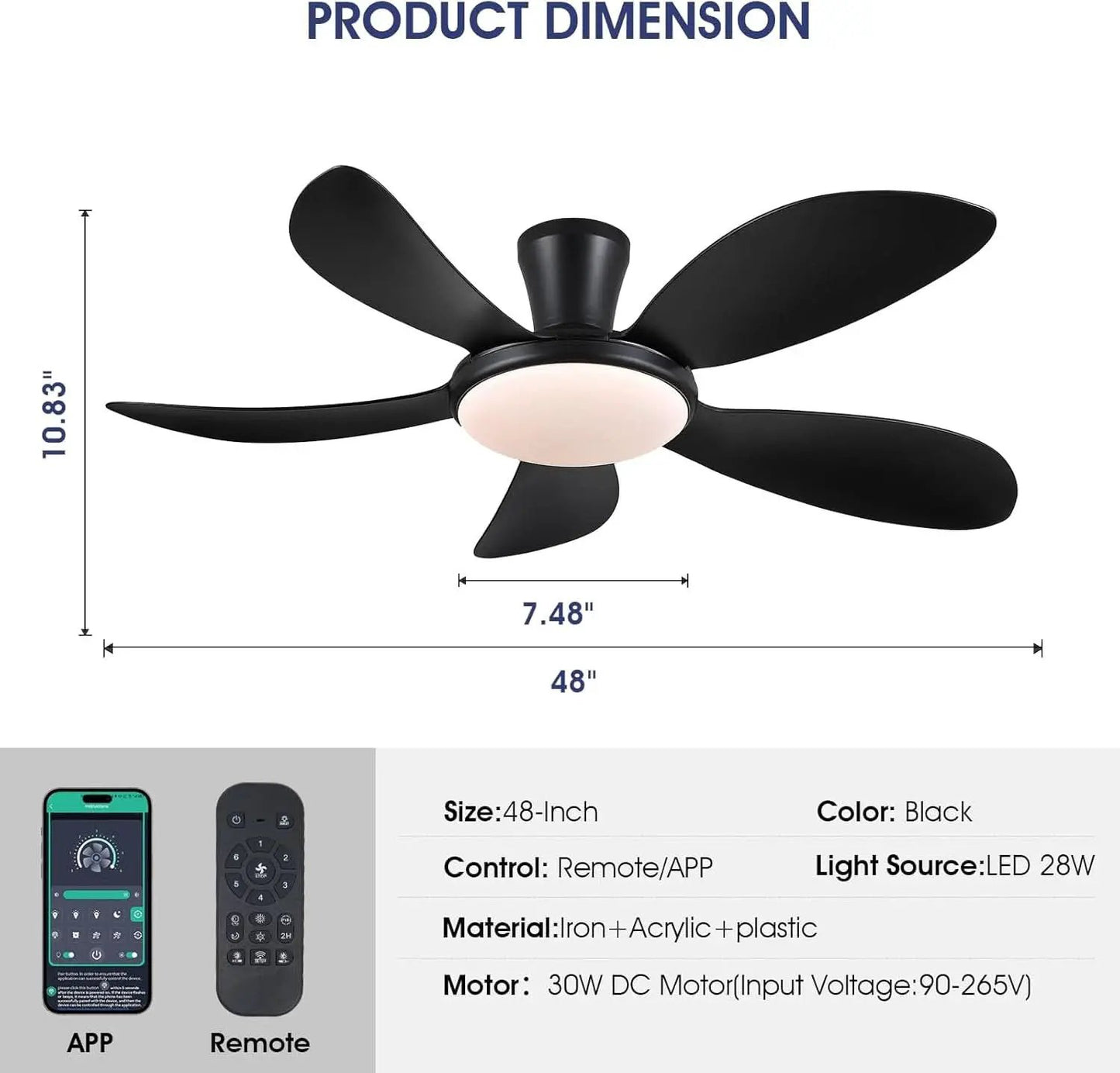 48 Inch Black Ceiling Fan With DC Motor Remote LED from PriceLows™