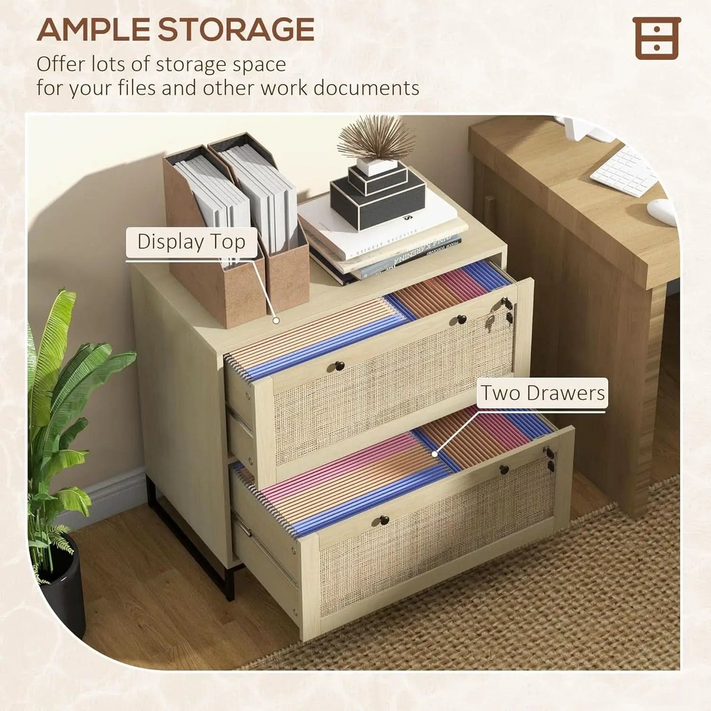 Two Drawer Rattan File Cabinet With Lock, Printer Stand And Adjustable Bars For Letter A4 Legal Files Natural Finish from PriceLows™