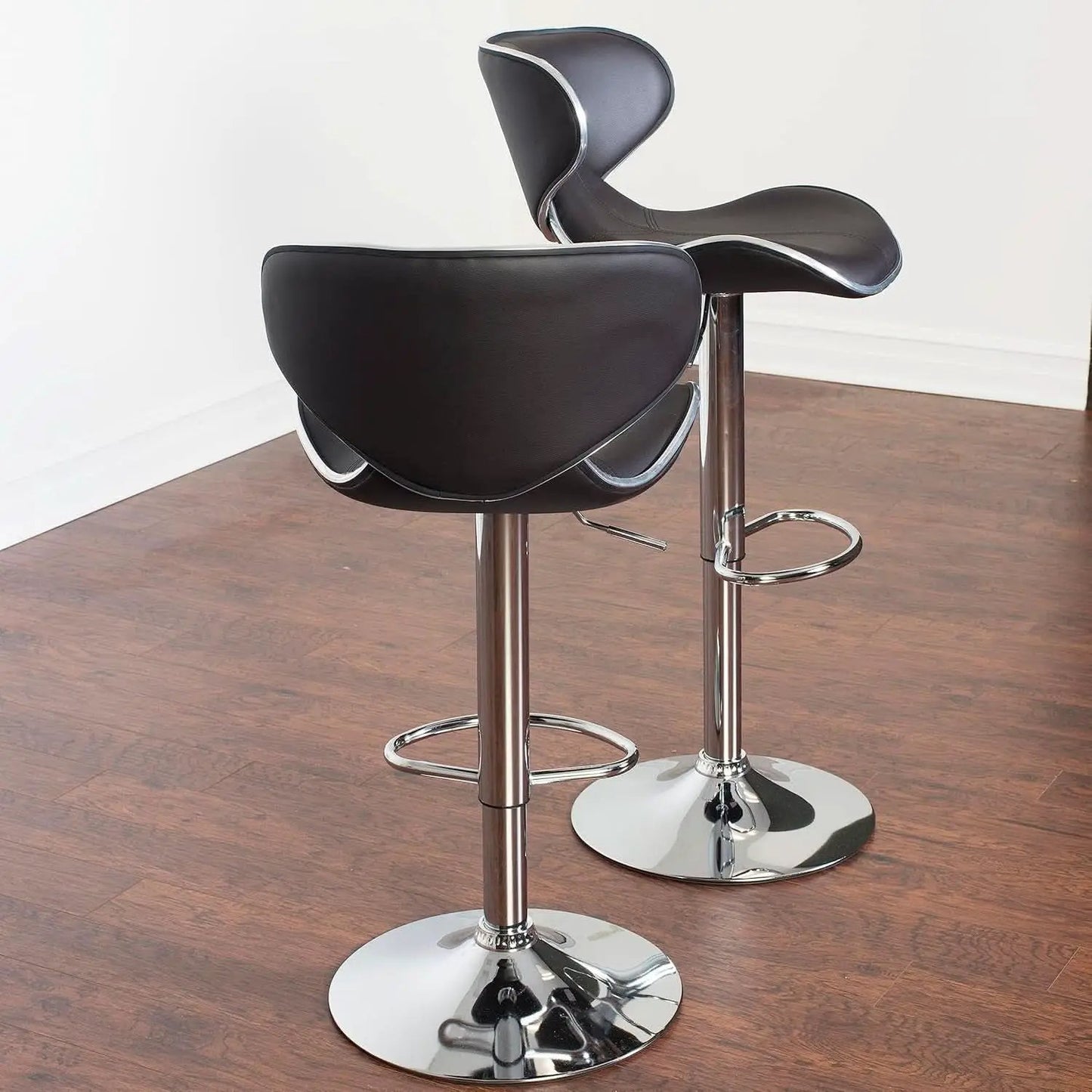 Two Brown Airlift Swivel Barstools With Chrome Base Adjustable Height 360 Degree Rotation from PriceLows™