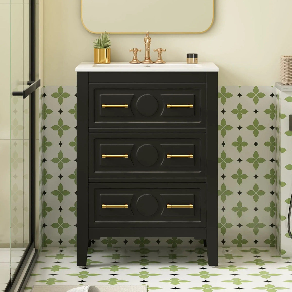 Bathroom Vanity With Sink, Free Standing Single Set, 3 Drawer Storage Cabinet | 2 Pieces | Solid Wood & Ceramic | Bathroom