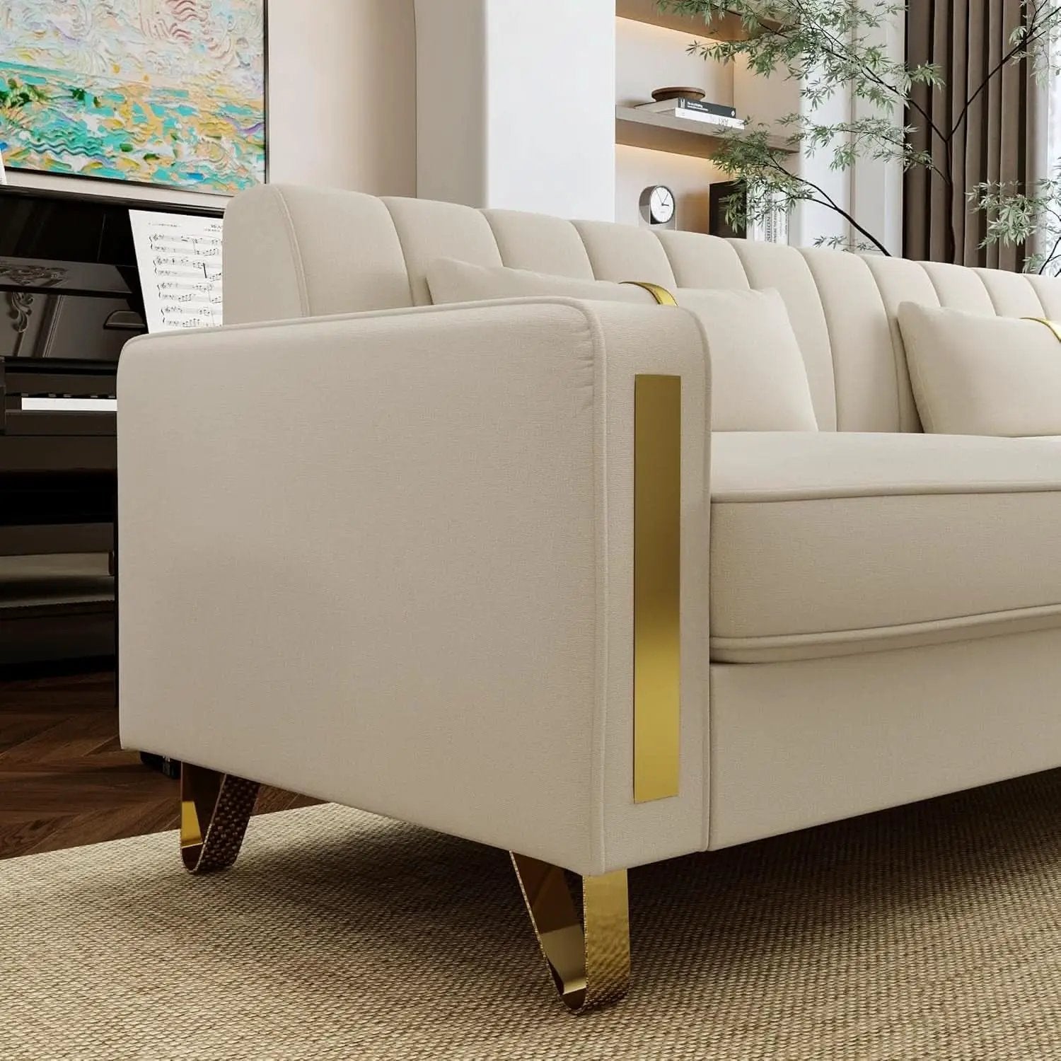 86 Inch Loveseat Sofa Set With Gold Metal Legs Beige Velvet Upholstery For Living Room from PriceLows™