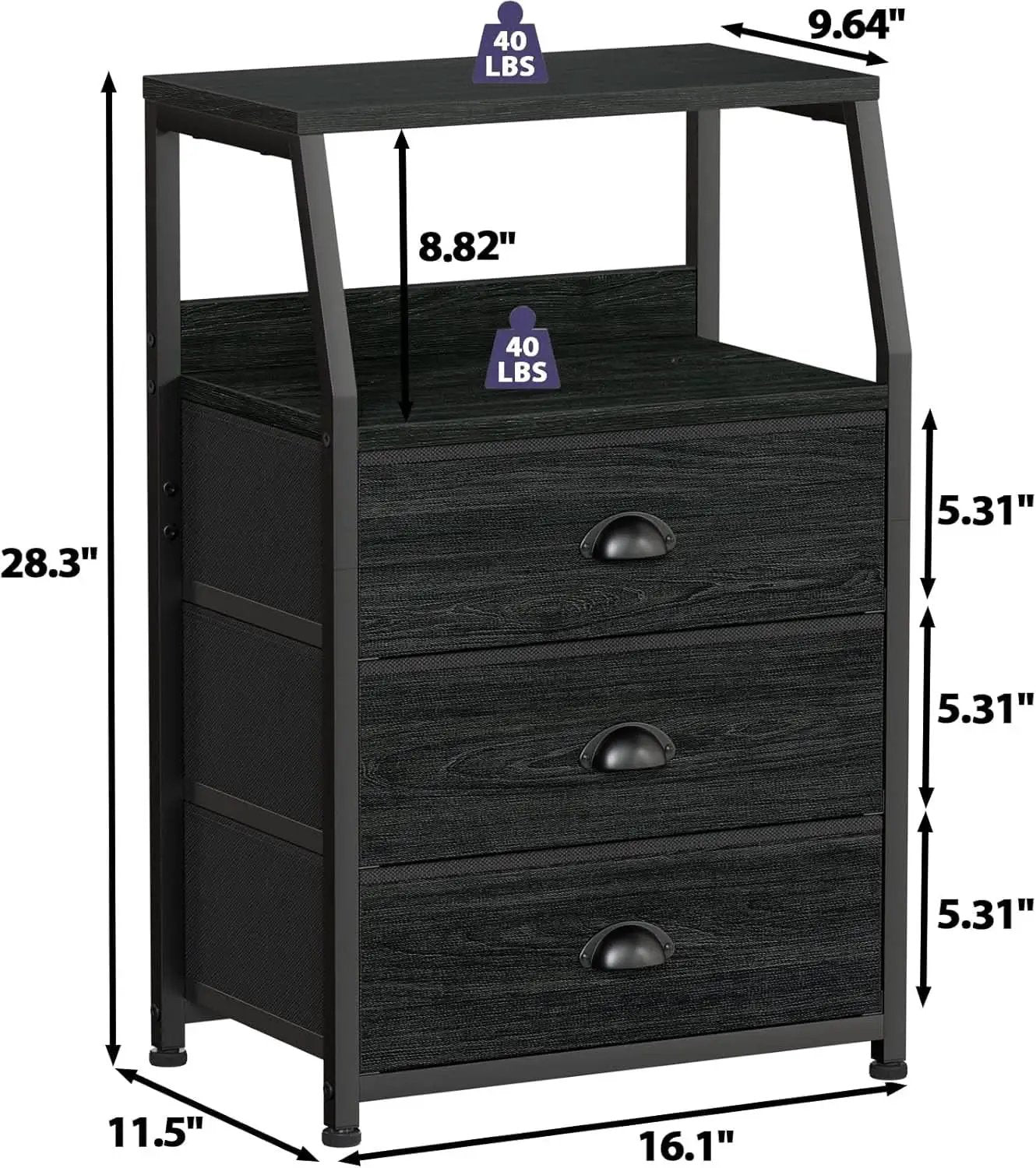 Black Night Stand With 3 Fabric Drawers And 2 Tier Shelf from PriceLows™