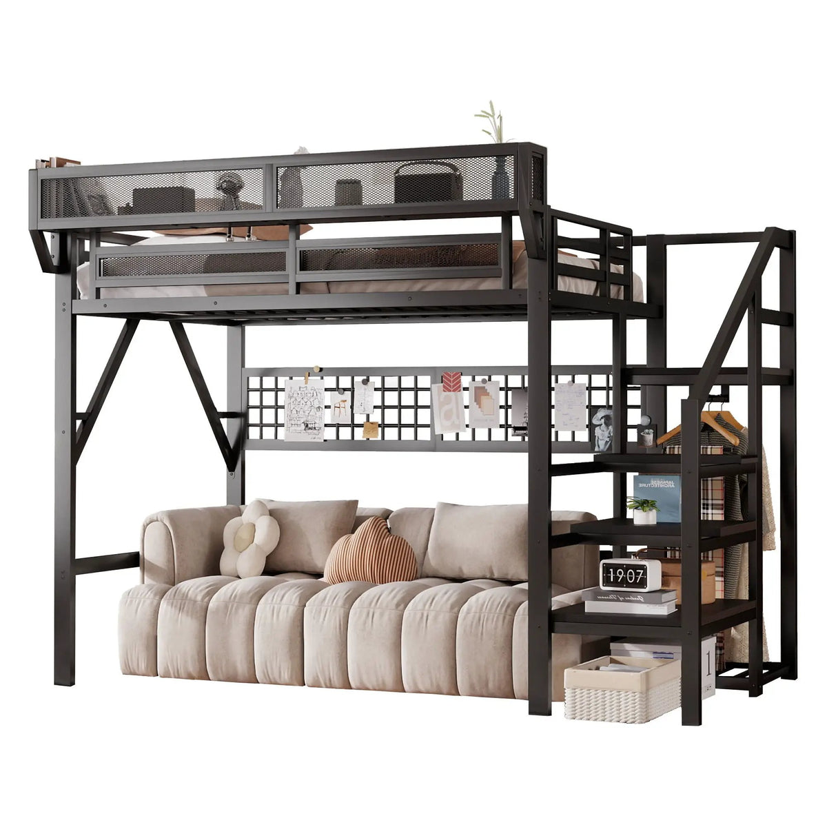 Metal Loft Bed | Integrated Storage Stairs | Upper Safety Shelf