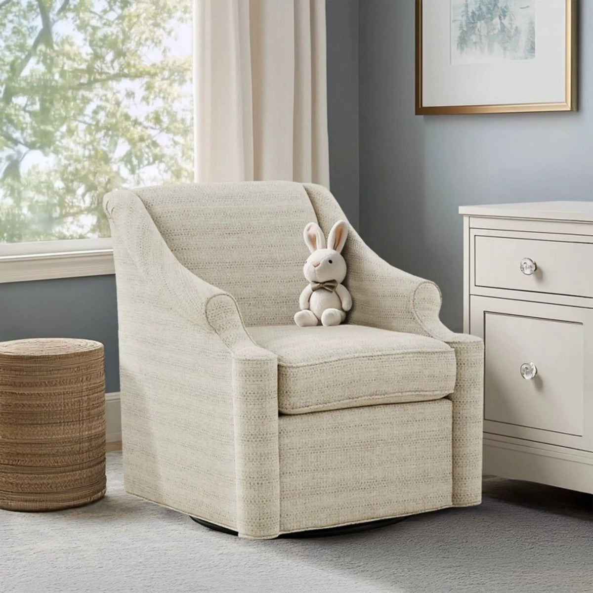 Justin Swivel Glider Chair | 360 Degree Rotation | Tonal Jacquard Fabric | Tan