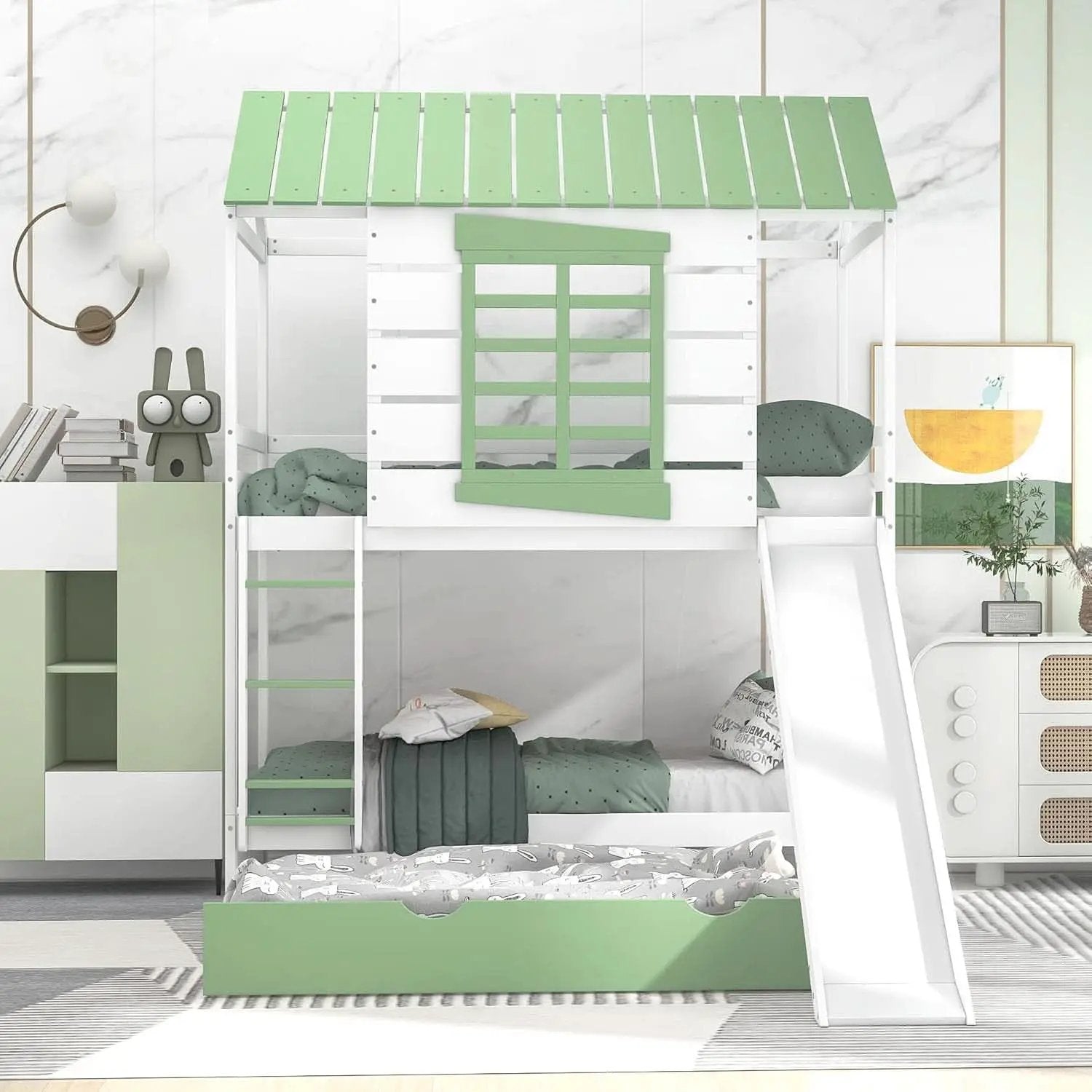 Bunk Bed Twin Over Twin With Slide And Trundle White Green from PriceLows™