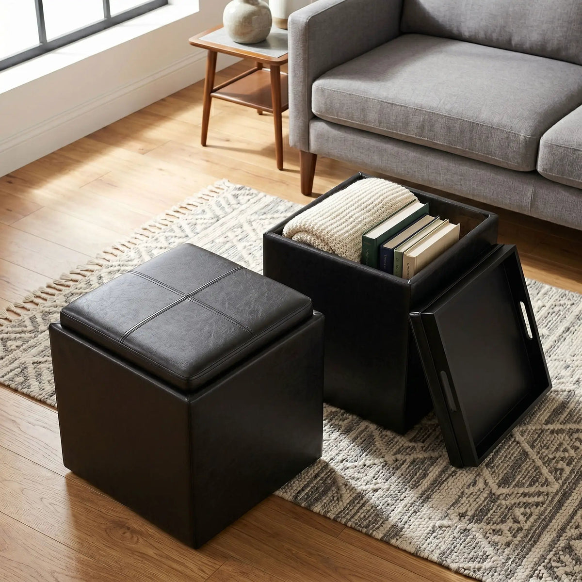 Rockwood Upholstered Cube Ottoman | Flip Over Serving Tray | Large Interior Storage | 16.9 Inch Cube
