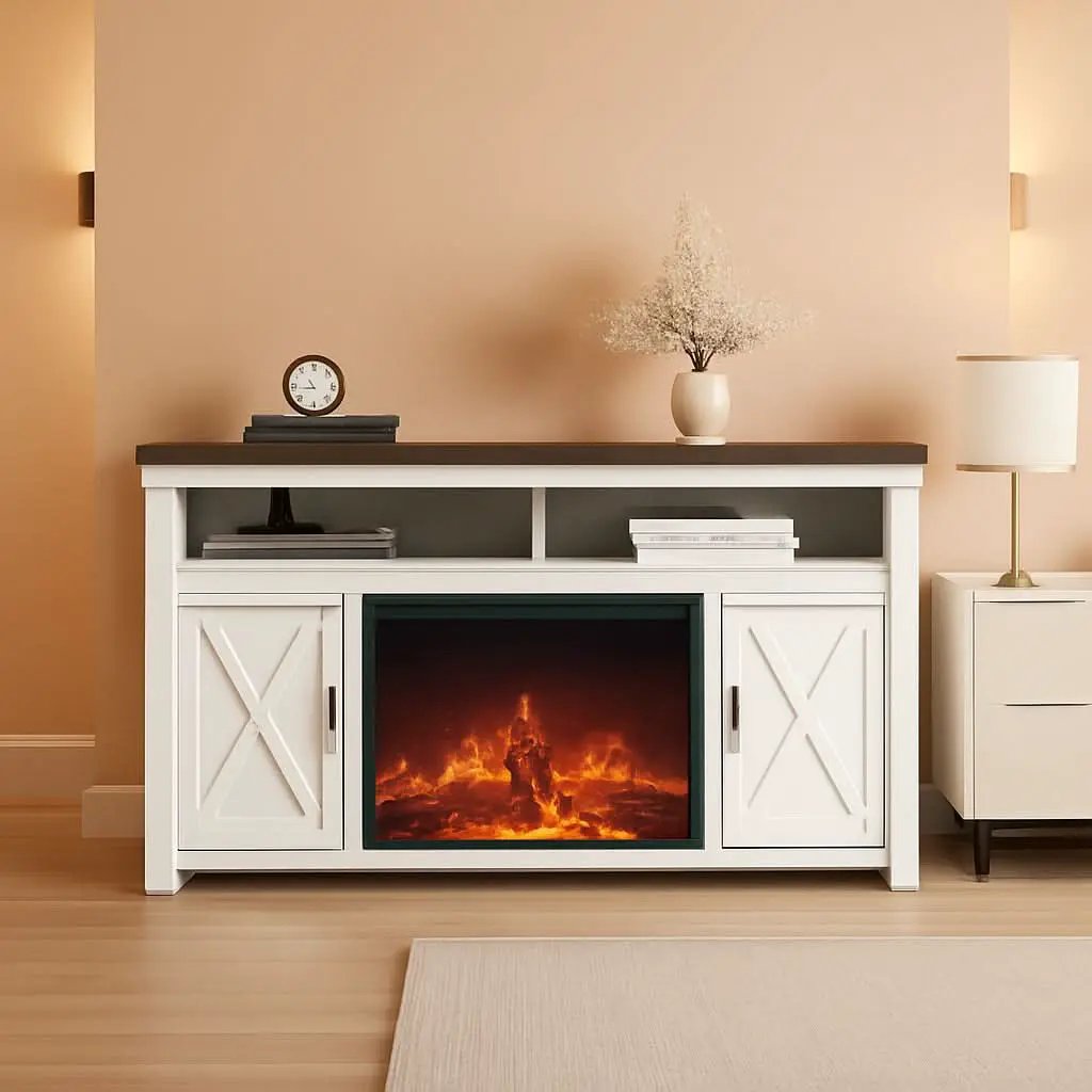 58 Inch White Farmhouse Fireplace TV Stand Cabinet from PriceLows™