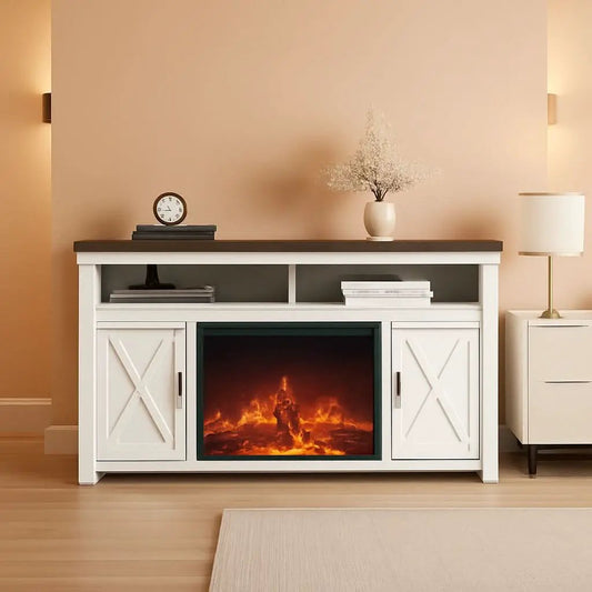 58 Inch White Farmhouse Fireplace TV Stand Cabinet from PriceLows™