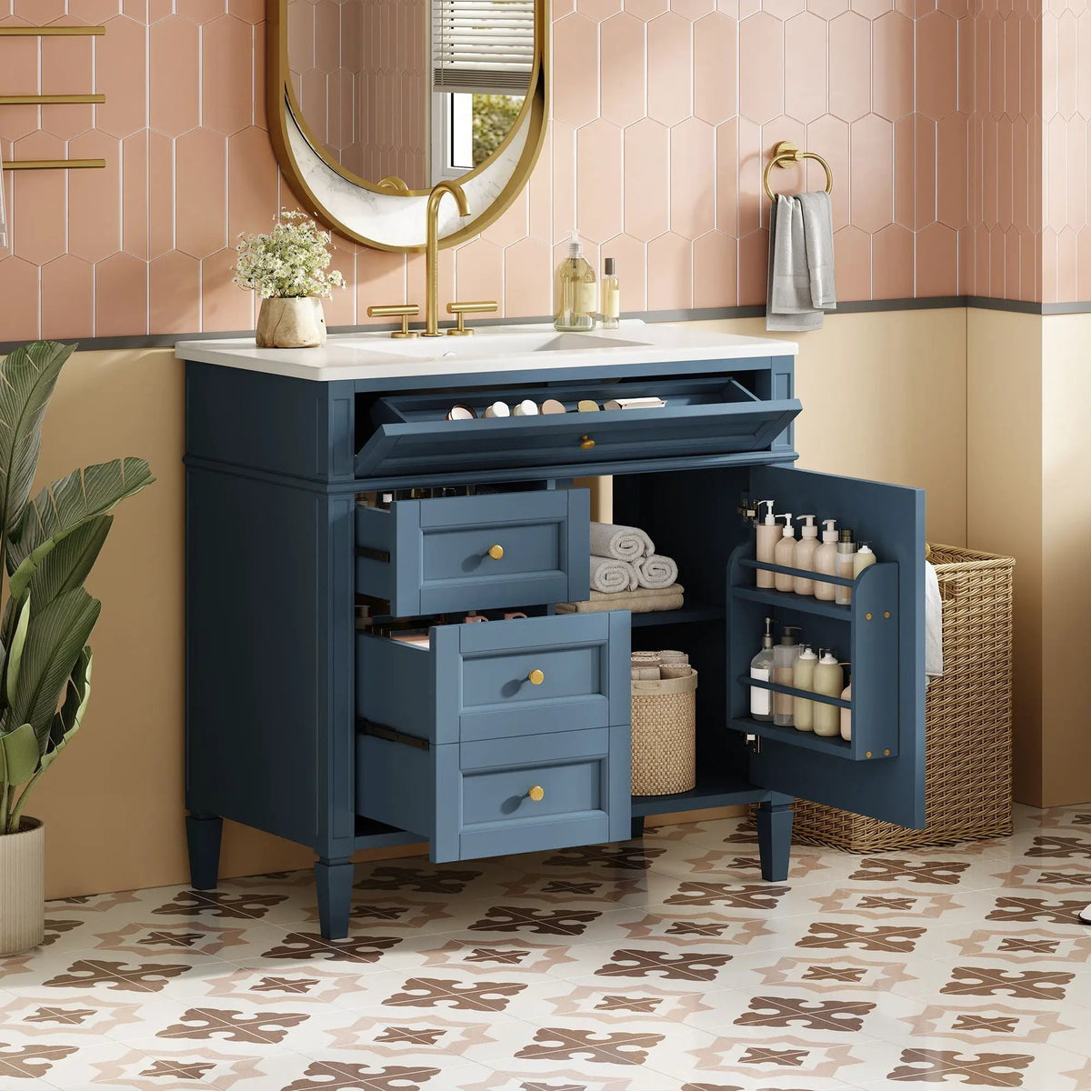 36 Inch Bathroom Vanity With Top Sink | 3 Drawers | Metal Drawer Slides | Ceramic Sink