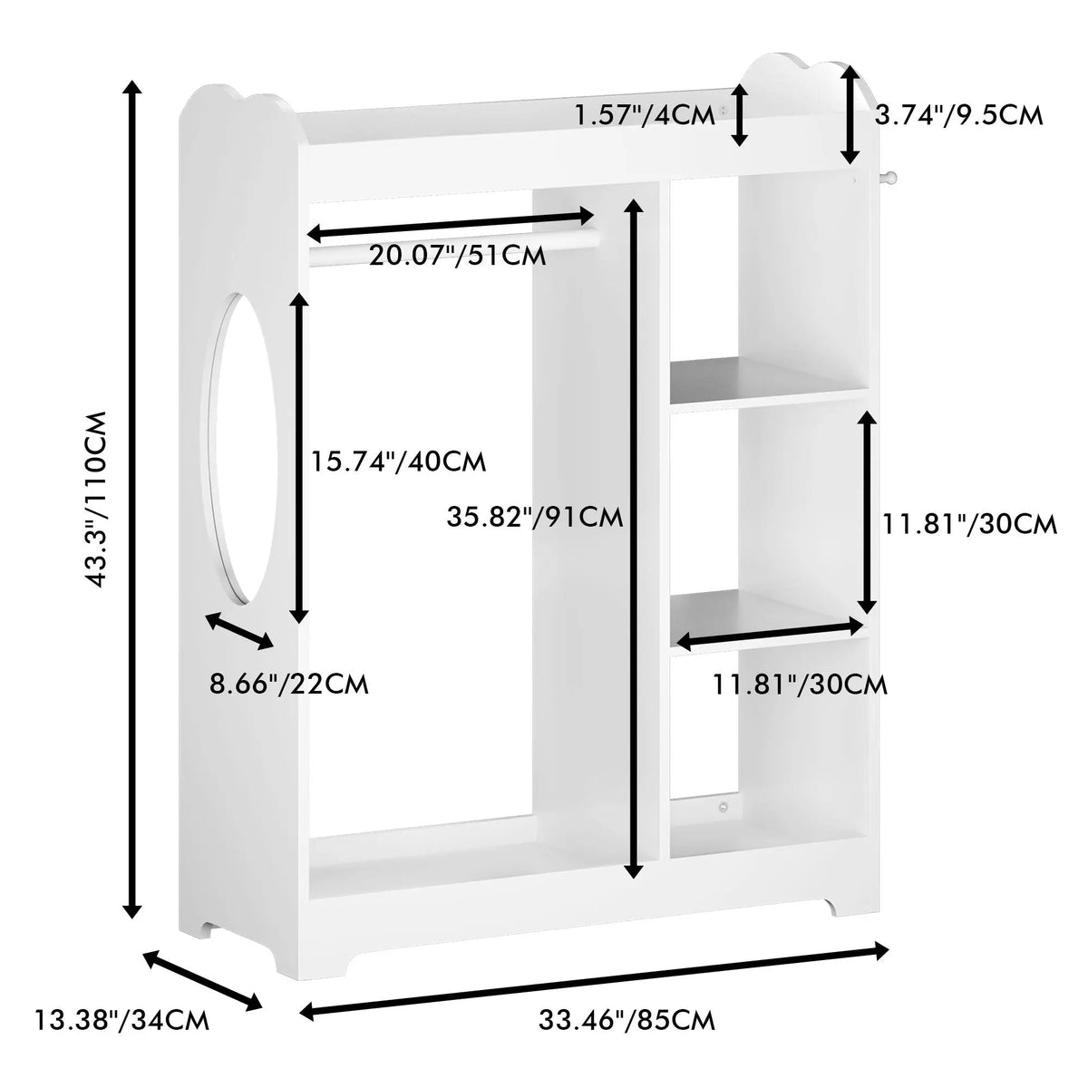 Toddler Dress Up Rack | Full Length Mirror | 3 Side Hooks | White