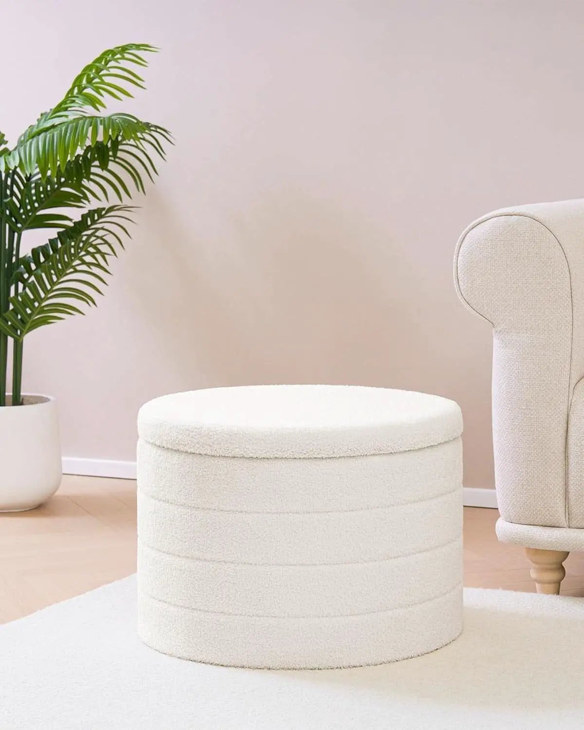 White Twenty TwoIn Round Sherpa Boucle Ottoman Tray from PriceLows™