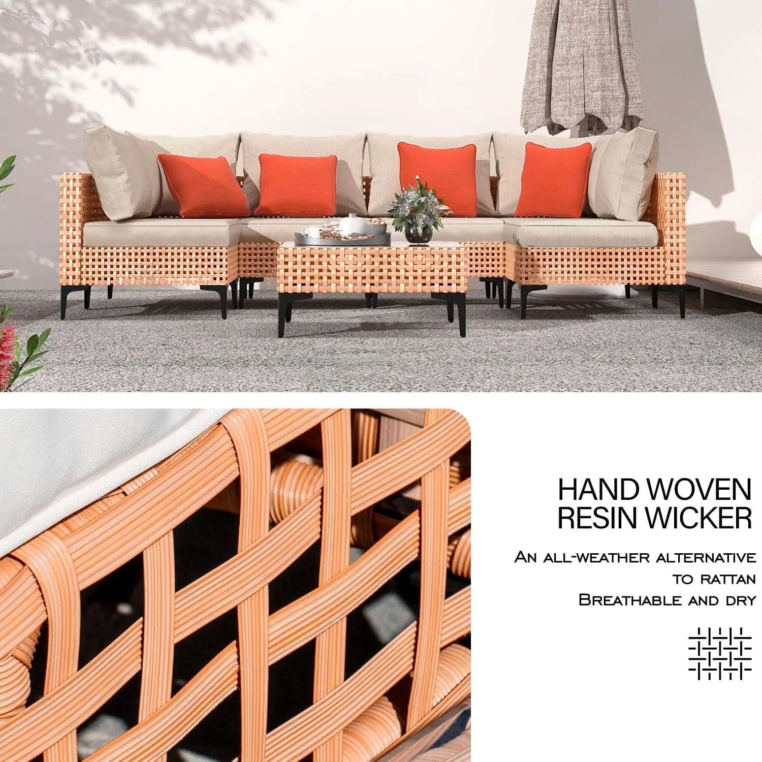 5 Piece Outdoor Patio Set Salmon Orange Wicker Sectional from PriceLows™