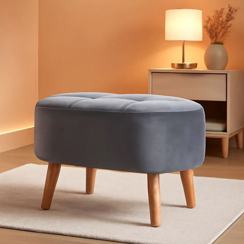 Greyish Velvety Upholstered Wood Ottoman Mid Century from PriceLows™