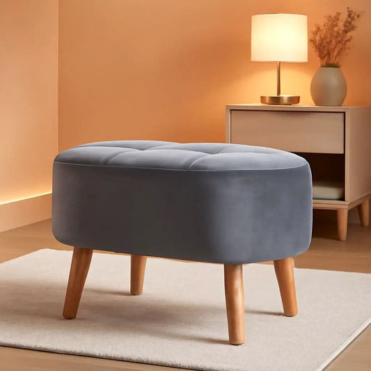 Greyish Velvety Upholstered Wood Ottoman Mid Century from PriceLows™