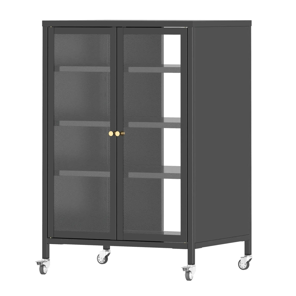 Media Storage Cabinet With Wheels | 4 Adjustable Glass Shelves | Dust-Proof Tempered Glass Door | Black
