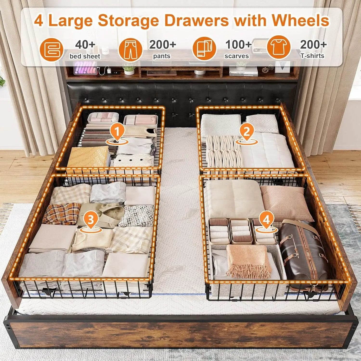 Queen Bed Frame With 4 Storage Drawers And Charging Station from PriceLows™