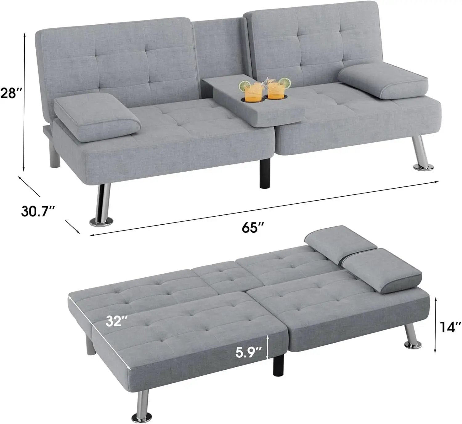 Futon Sofa Bed Light Grey Linen With Cup Holders Removable Armrests from PriceLows™
