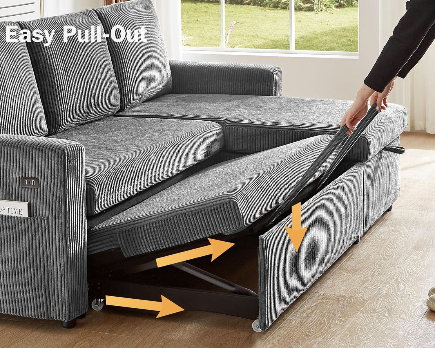 81 Inch Corduroy Velvet GreyTone Sleeper Sofa Pullout from PriceLows™