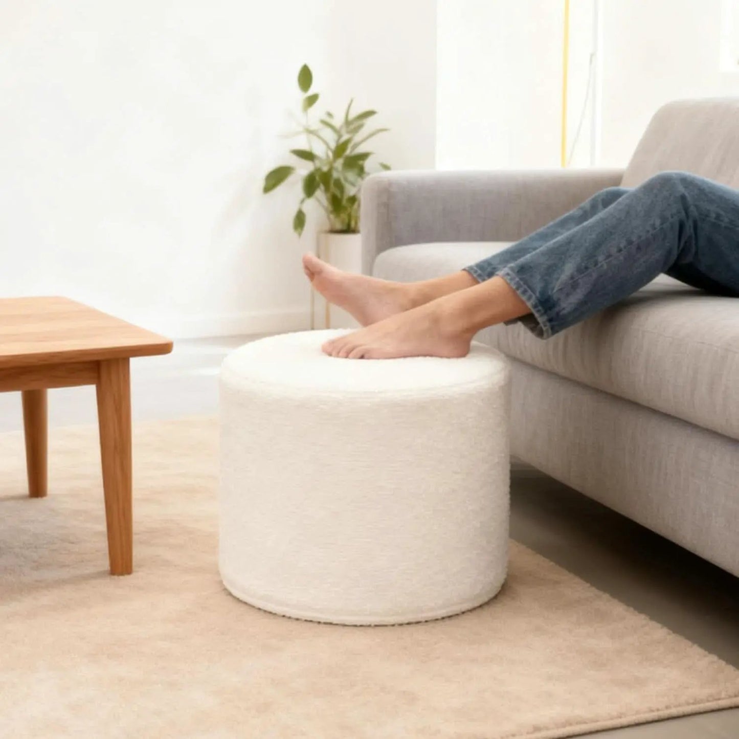 Round Ottoman Foot Rest 17x17x14 White Boucle Fabric from PriceLows™