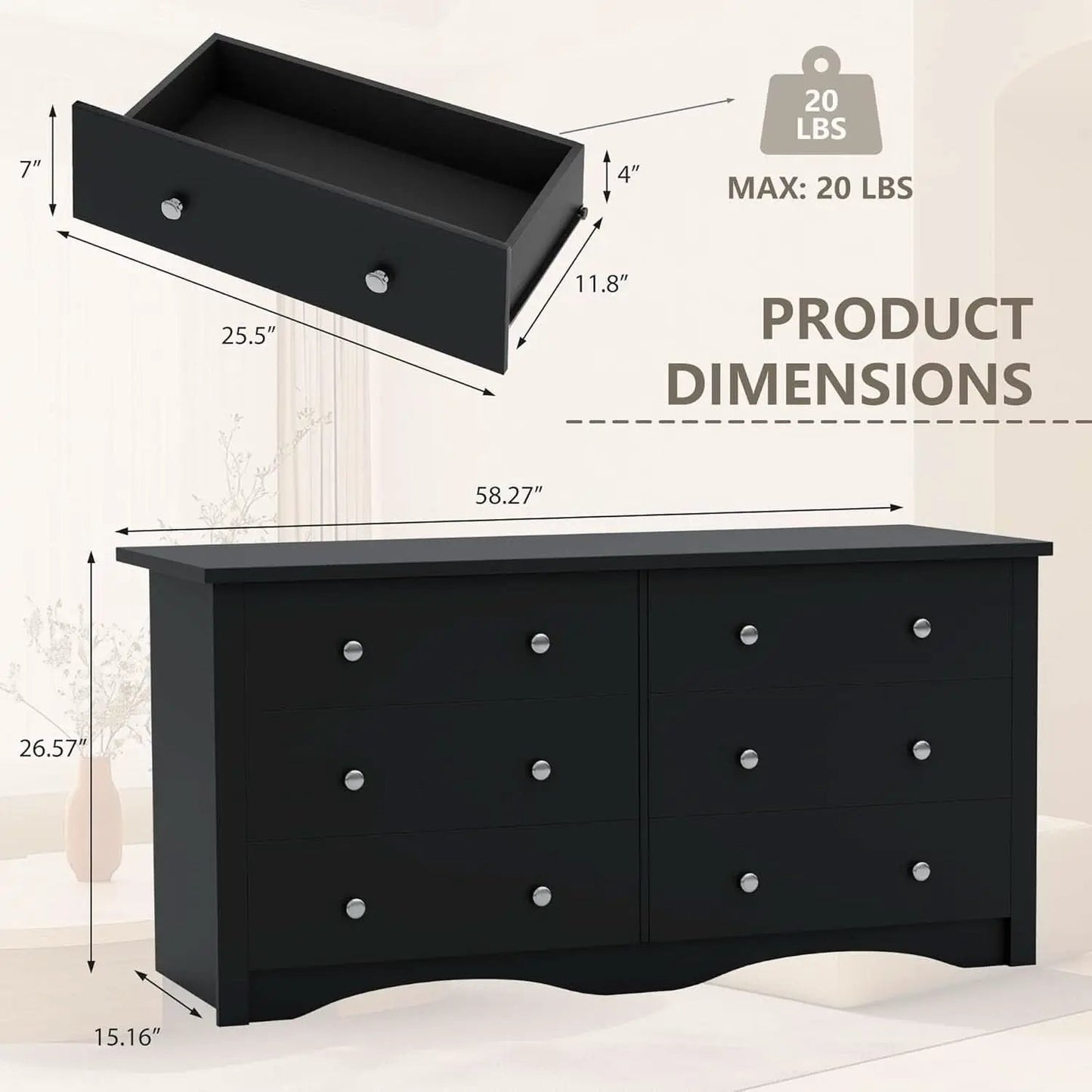 Solid Wood Black Dresser With Six Drawers Contemporary from PriceLows™