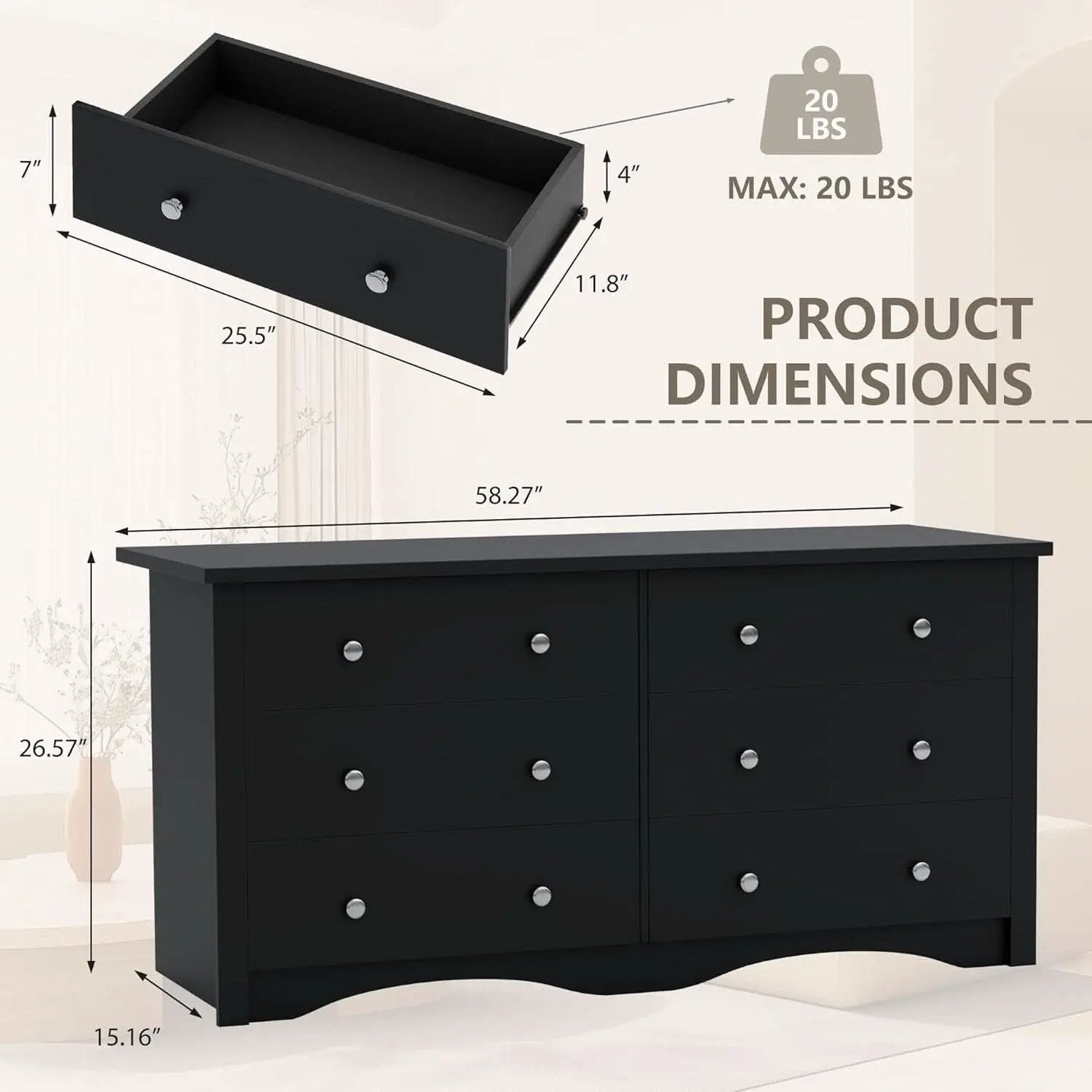 Black Dresser With Six Deep Drawers For TV Storage from PriceLows™