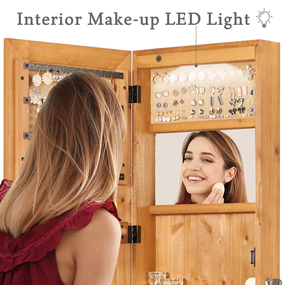 Jewelry Armoire With Full Length Mirror | Lockable Wall Mounted Cabinet | LED Light | Over The Door Use
