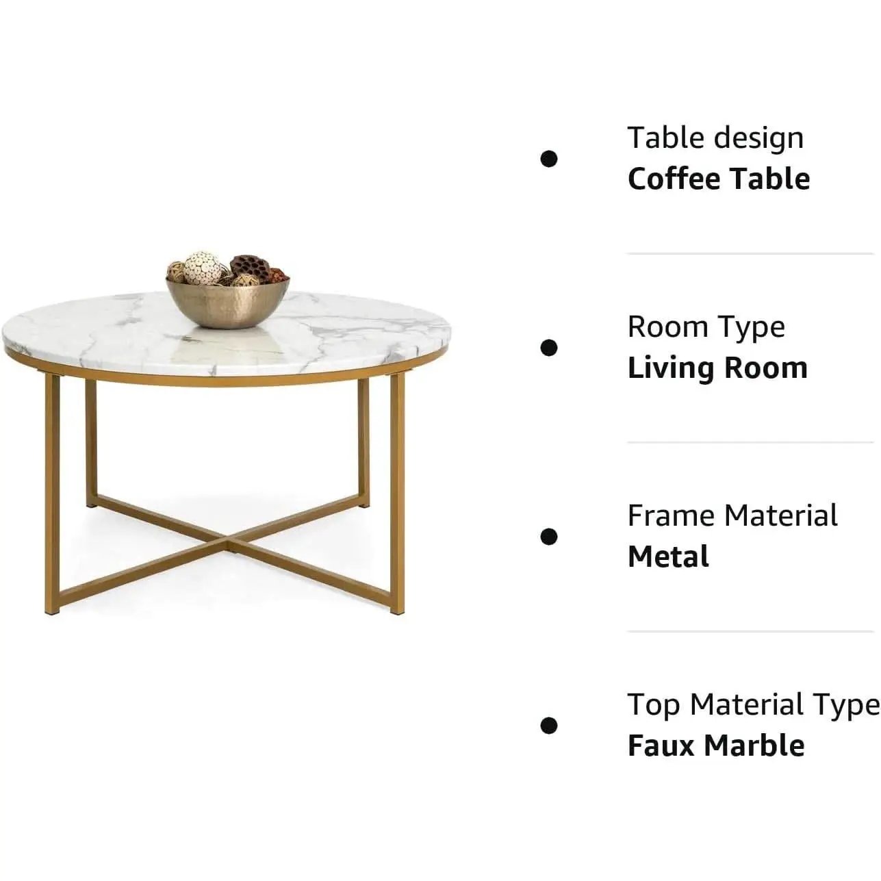 Round Coffee Table With Faux Marble Top Cross Leg Design from PriceLows™