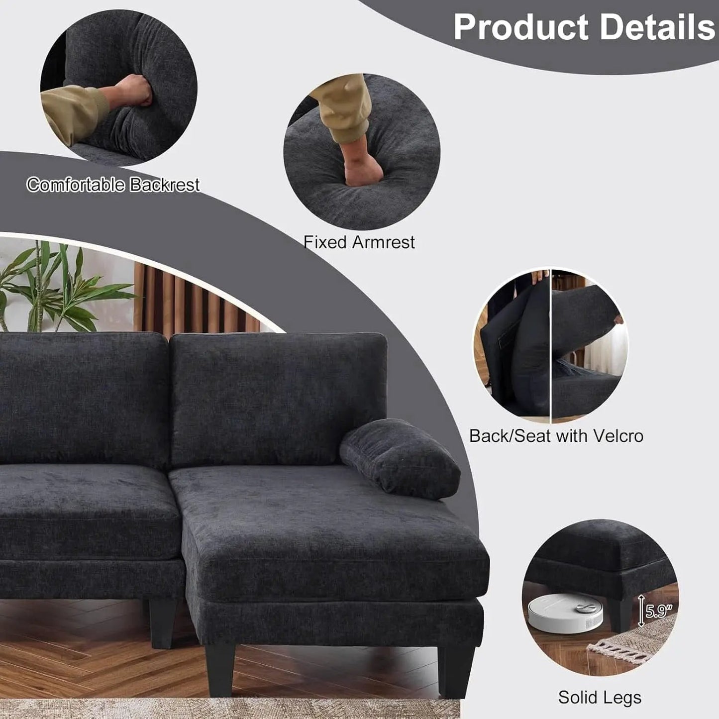 U Shape Sectional Sofa 111 Inch Black Living Room Setup from PriceLows™