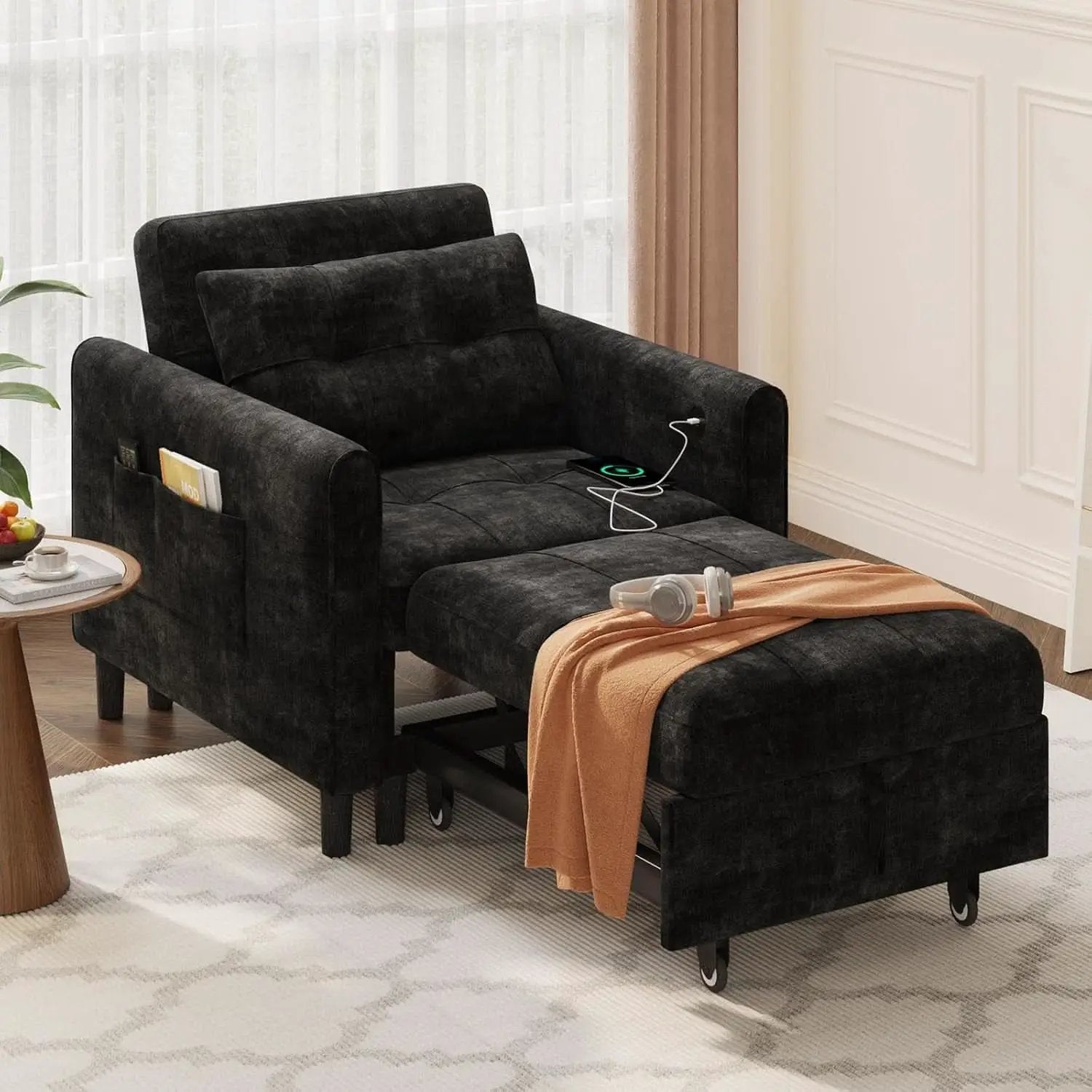 Black Upholstered Sleeper Chair Pull Out Bed For Small Rooms from PriceLows™