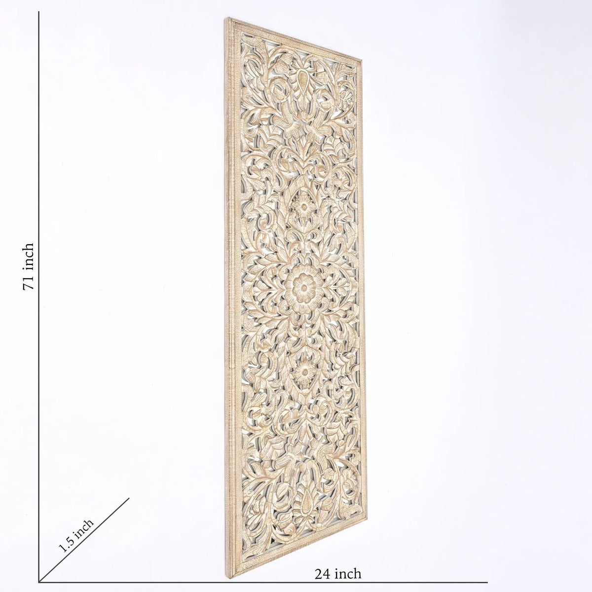 Floral Hand Carved Mandala Rectangle Wall Decor With Mirror Antique Brown / | 24 x 1.5 x 71 in | Wood | White