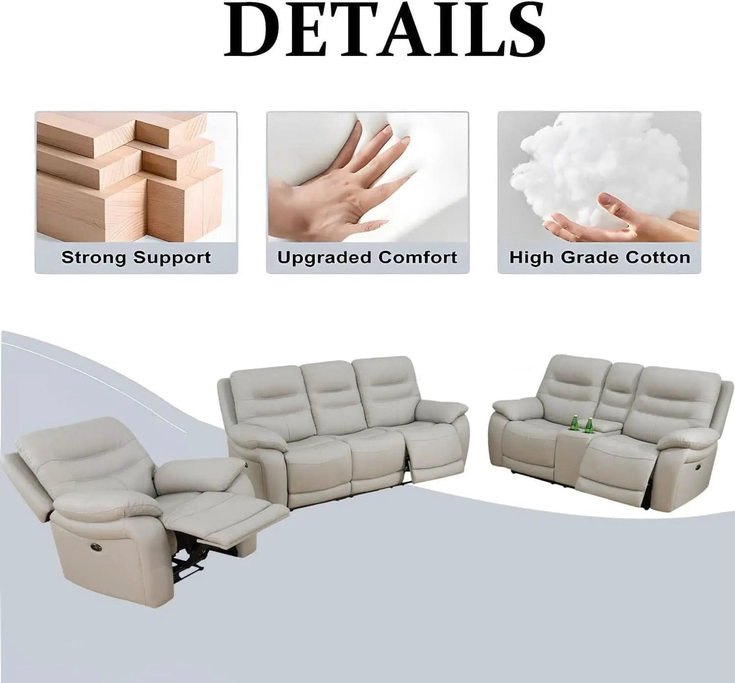 Genuine Leather Power Recliner Sofa Set 3 Piece Light Grey from PriceLows™