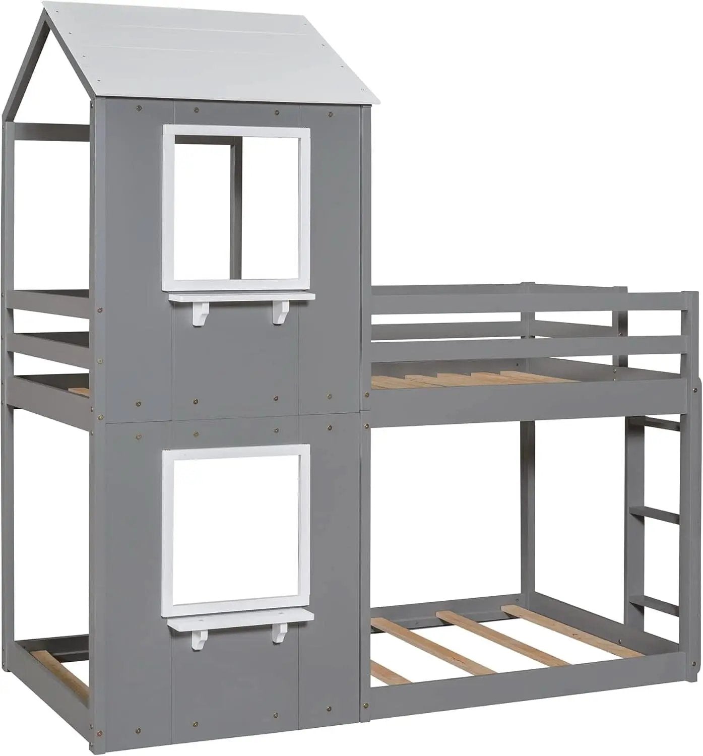 Twin Over Twin House Bunk Bed With Roof And Ladders Grey from PriceLows™