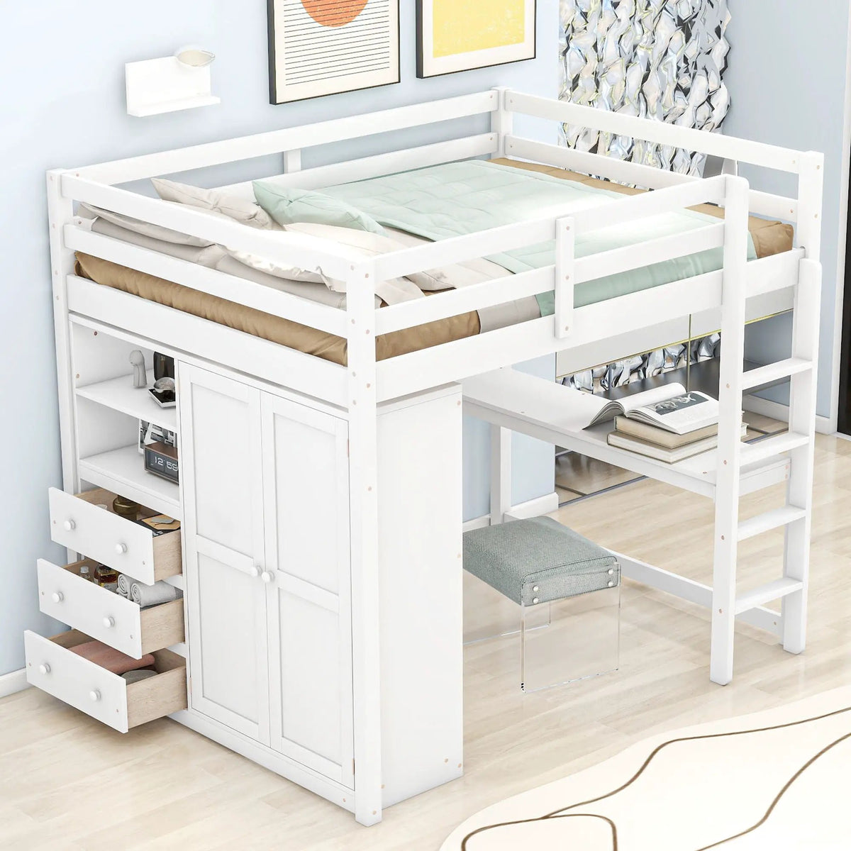 Loft Bed With Wardrobe | Built-In Desk | Two-Tier Shelves | Three Large Drawers