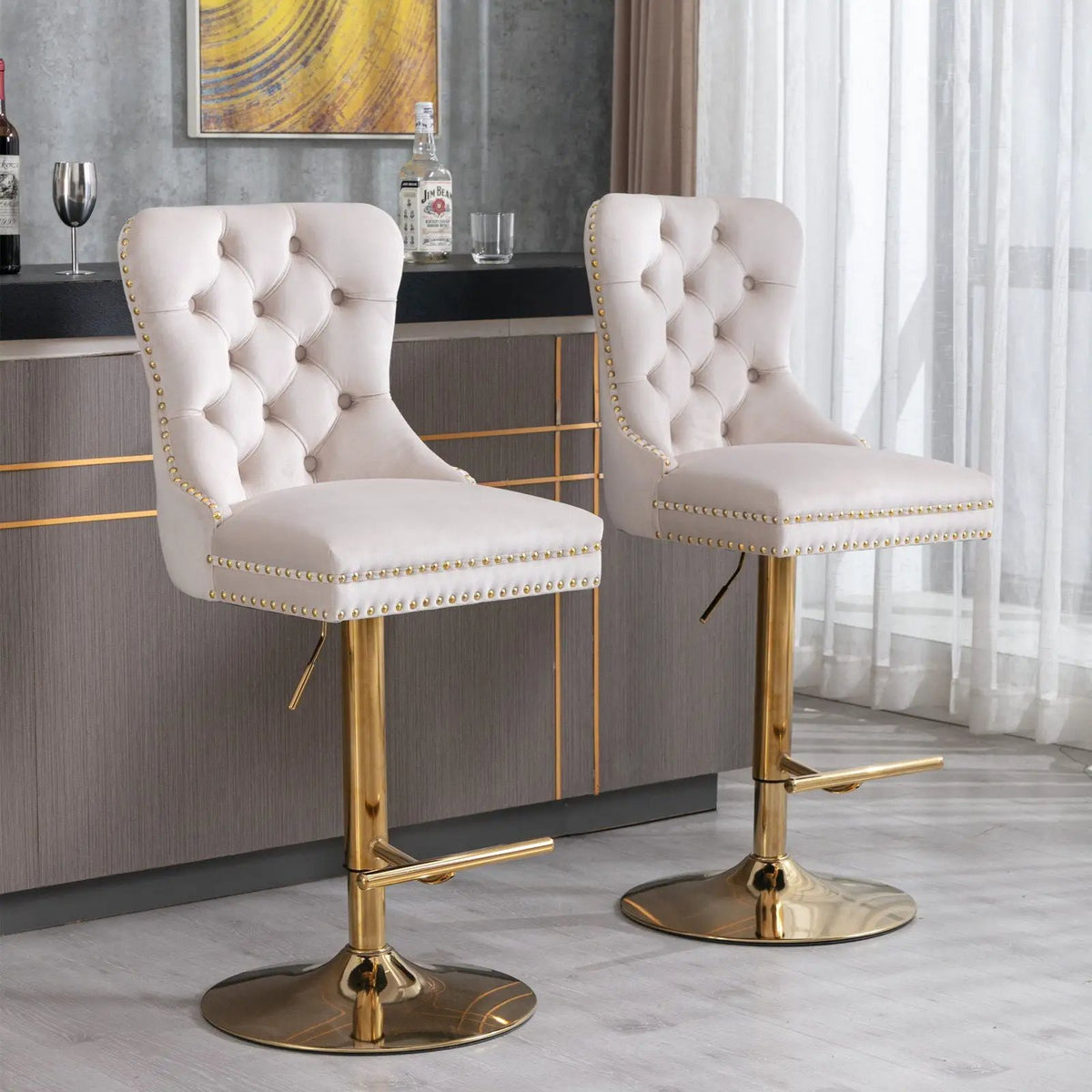 Swivel Barstools | Set Of 2 | Adjustable 25-33 Inch Seat Height | Tufted Back Upholstery