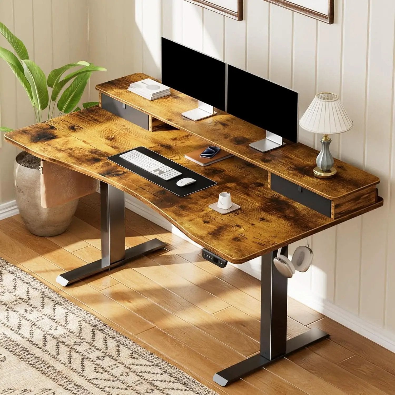 Brown 47.2 Inch Standing Desk Monitor Riser Drawers from PriceLows™