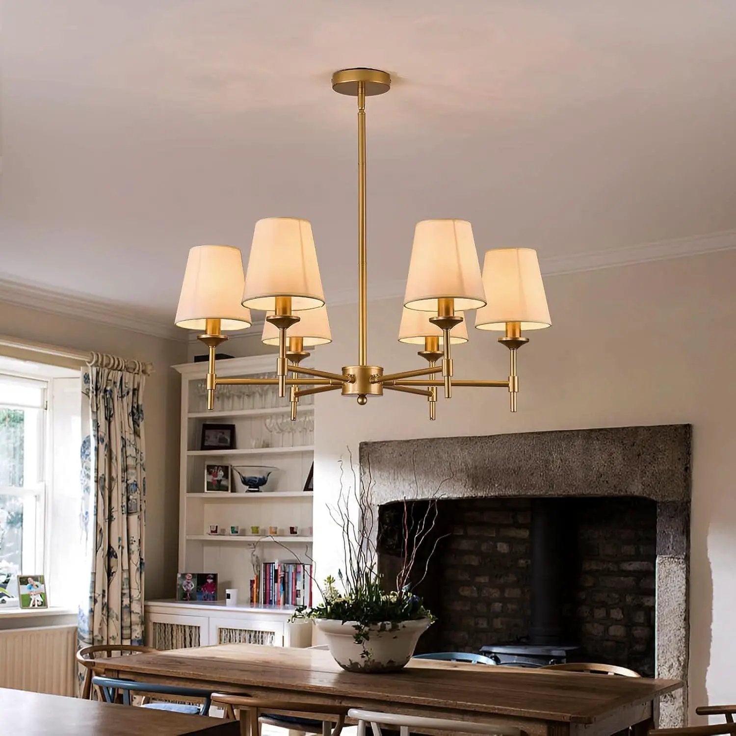 Gold Farmhouse Chandelier 6 Light Linen Shade Fixture from PriceLows™