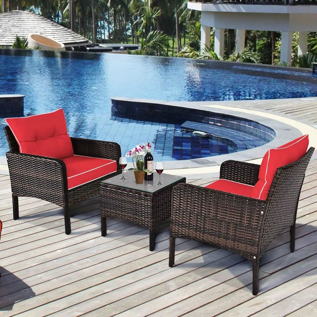 Red 3 Piece Outdoor Patio Furniture Set With Wicker Chairs And Glass Top Coffee Table from PriceLows™