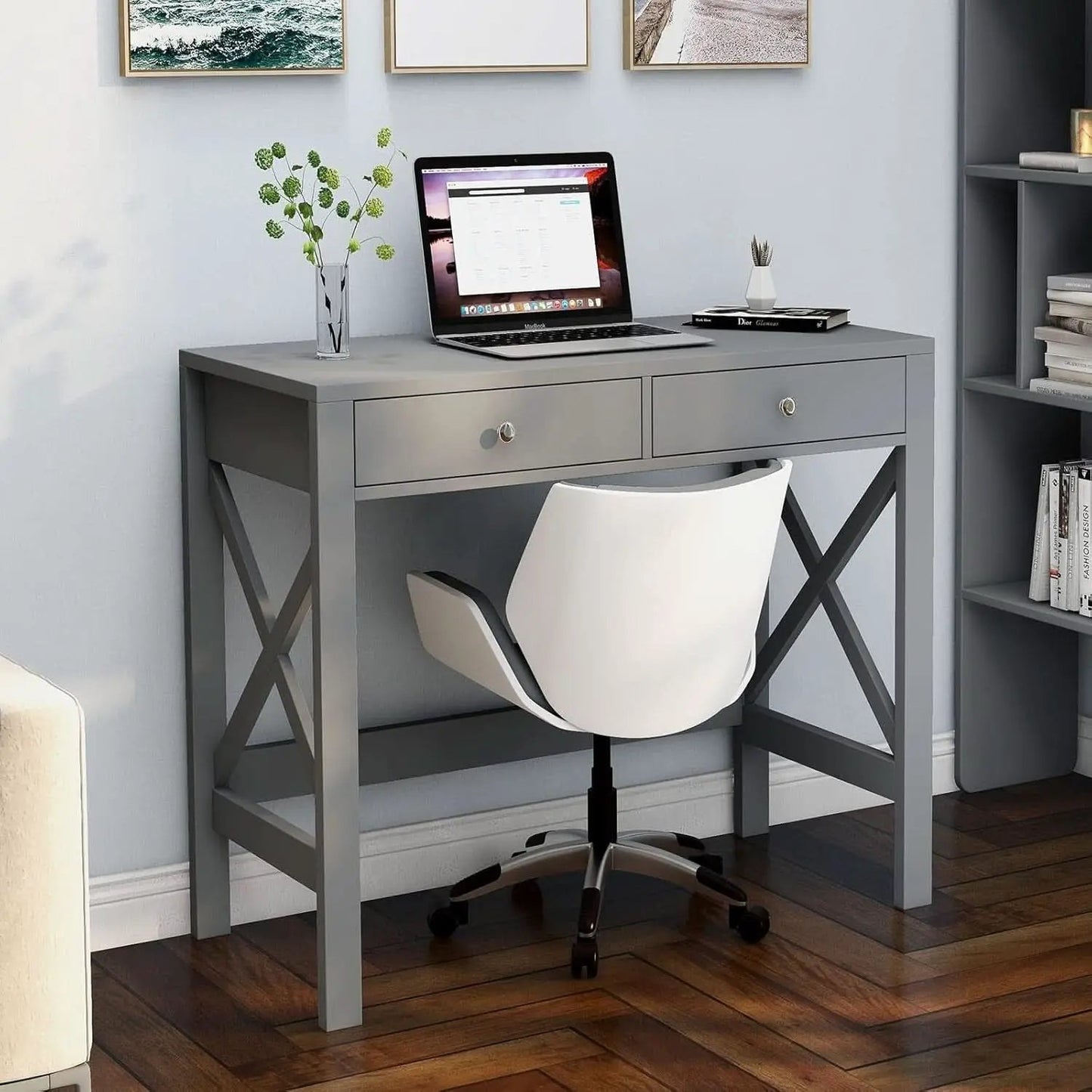 Home Office Desk Grey With Two Drawers Computer Table from PriceLows™