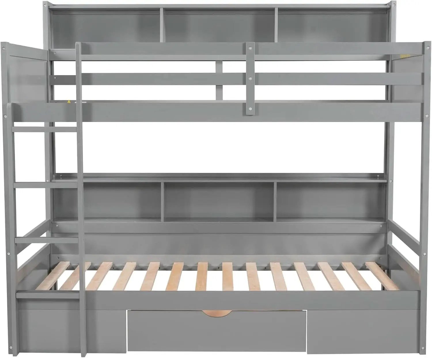 Twin Over Twin Bunk Bed Gray Storage Drawer And Shelves from PriceLows™
