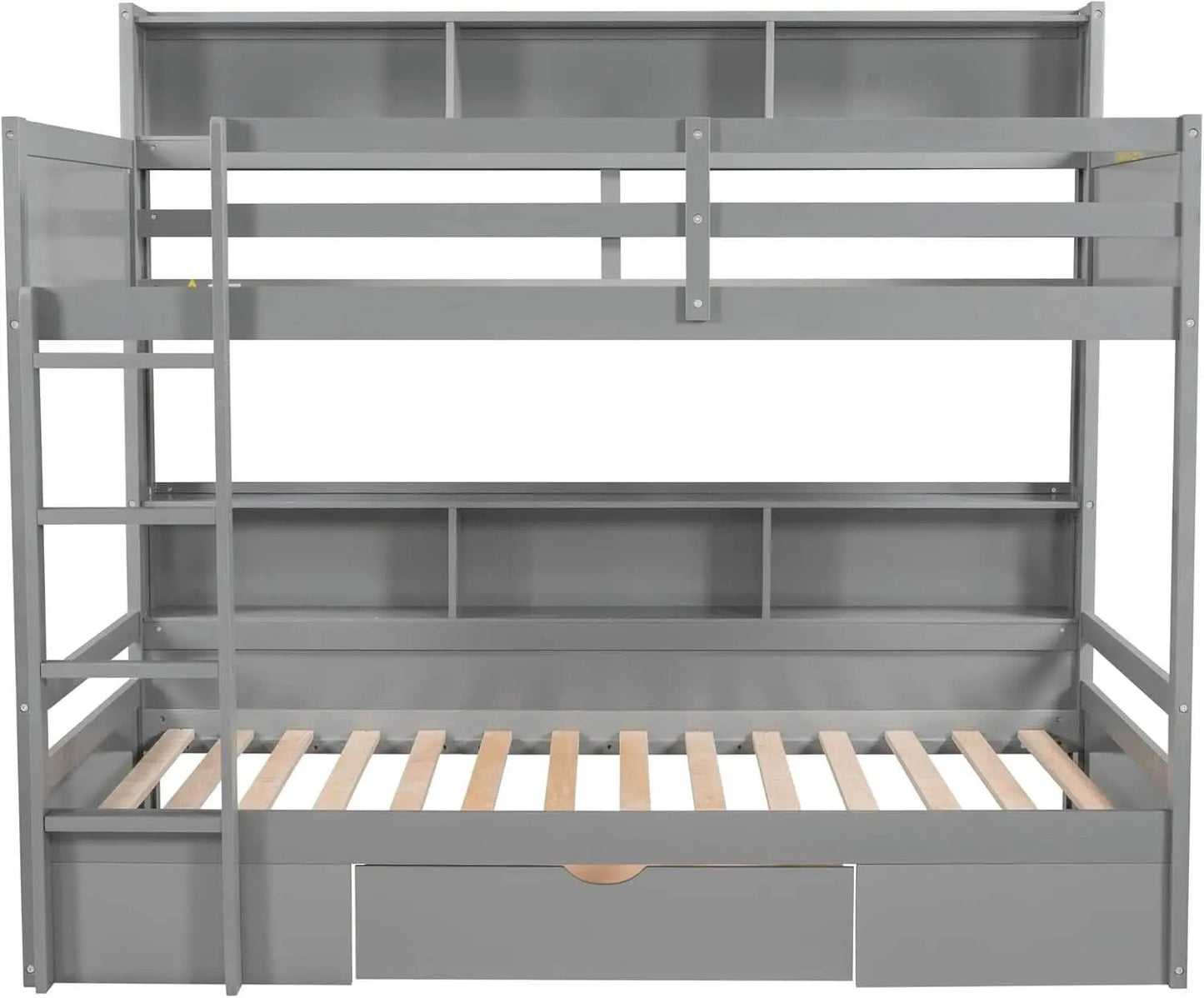 Grey Wood Twin Over Twin Bunk Bed With Storage Shelves And Drawer from PriceLows™